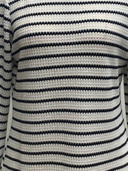 Textured knit long-sleeve t-shirt in white with black horizontal stripes.