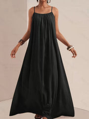 Black maxi swim dress with spaghetti straps and gathered neckline