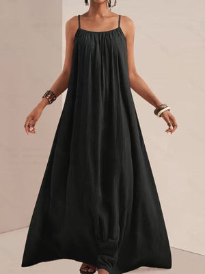 Black maxi swim dress with spaghetti straps and gathered neckline