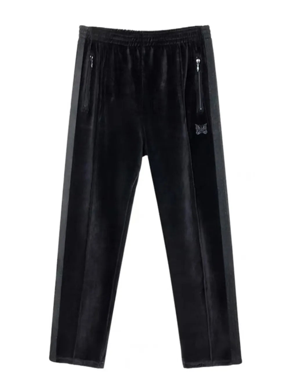 Black velour sweatpants with wide legs, side stripe, zip pockets, and butterfly emblem.