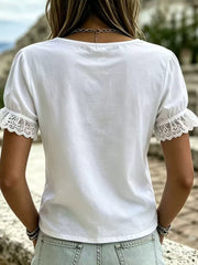 Plus Size Daisy Lace Puff Sleeve T-shirt in White, model styling view