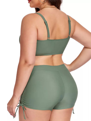 Plus size Army Green adjustable swimwear set with drawstring shorts and adjustable strap bikini top.
