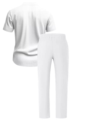 Men's Casual Button-up Short Sleeve Shirt And Pants Set, fit detail