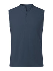 Peacock Blue sleeveless shirt with mandarin collar and buttoned placket