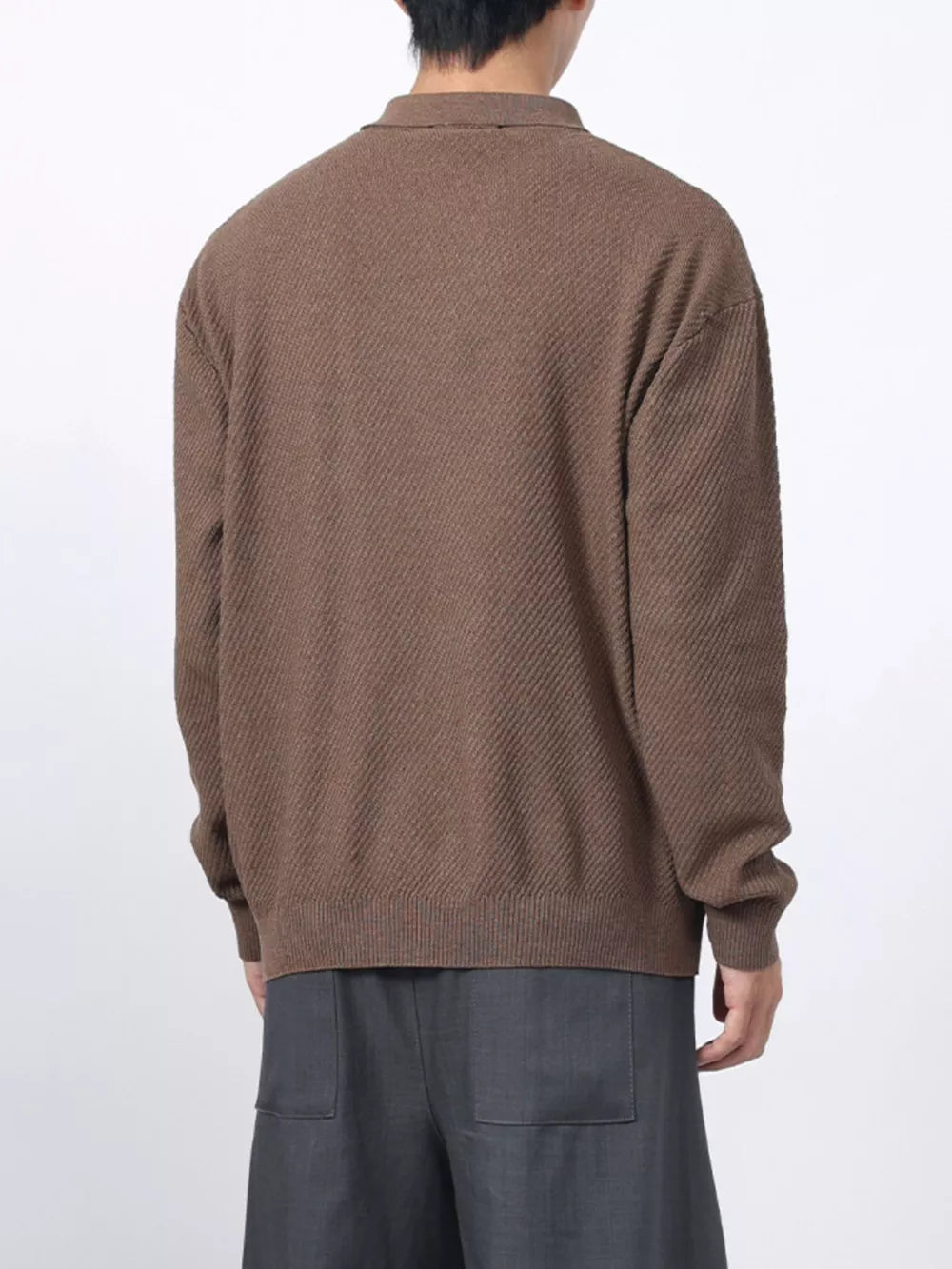 Men's textured knit polo shirt in Flower Coffee Color, acrylic, long sleeve, casual style.
