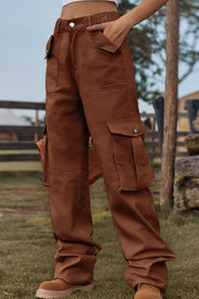 Brown utility cargo pants with wide legs and multiple pockets.