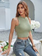 Green ribbed high-neck tank top with a cropped fit.