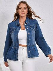 Chic blue denim trucker jacket with button detail and peplum waist