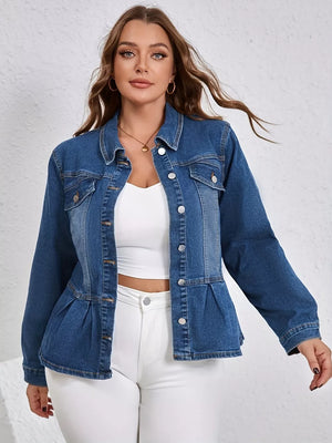 Chic blue denim trucker jacket with button detail and peplum waist
