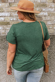 Dark green tee with flutter sleeves and lace trim detail.