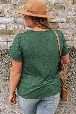 Dark green tee with flutter sleeves and lace trim detail.