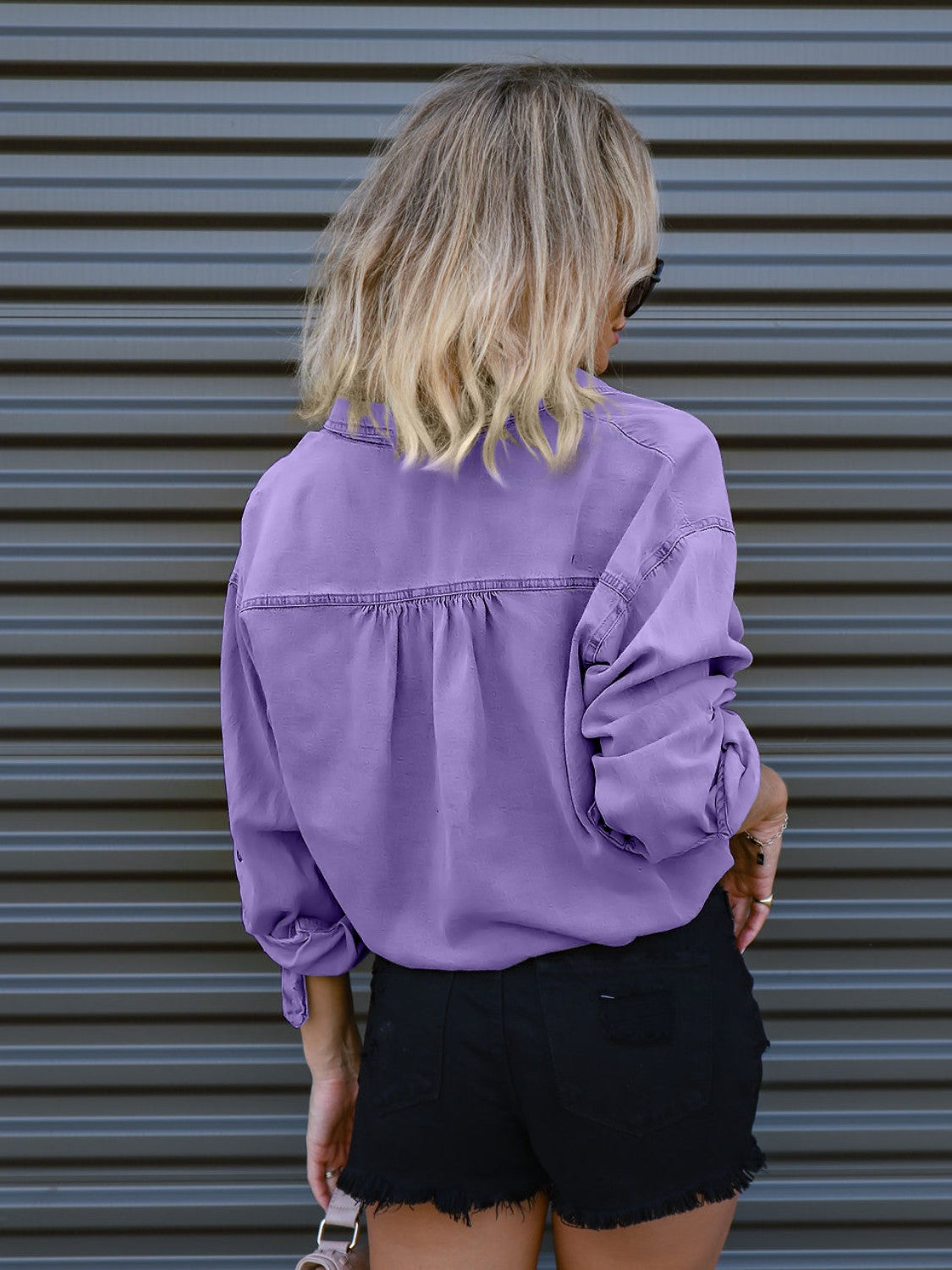 Lavender cotton cropped utility shirt with drawstring waist detail