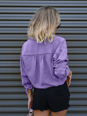 Lavender cotton cropped utility shirt with drawstring waist detail