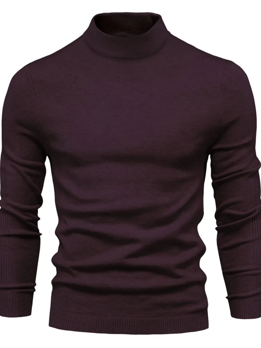Ribbed mock neck sweater in plum purple with sculpted shoulders and long sleeves.