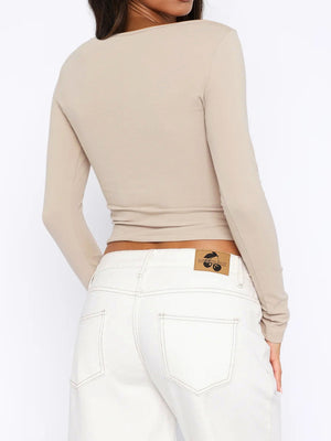 Button-down ribbed crop top in Dust Storm, long sleeve, crew neck, fitted.