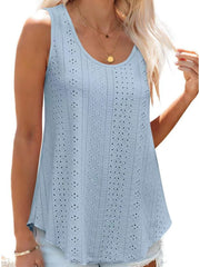 Light blue eyelet scoop neck tank top with intricate patterns.