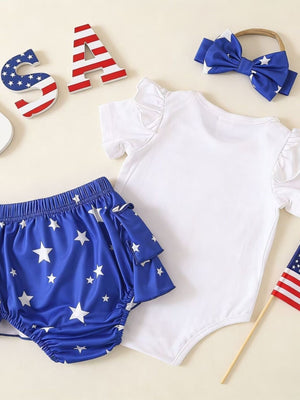 White baby bodysuit with ruffled sleeves and blue star print bloomer shorts.
