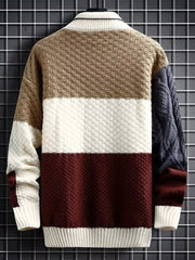 Men's color block cable-knit pullover sweater with textured panels and ribbed collar.