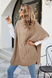Camel cable knit turtleneck poncho with side slit, acrylic, casual style