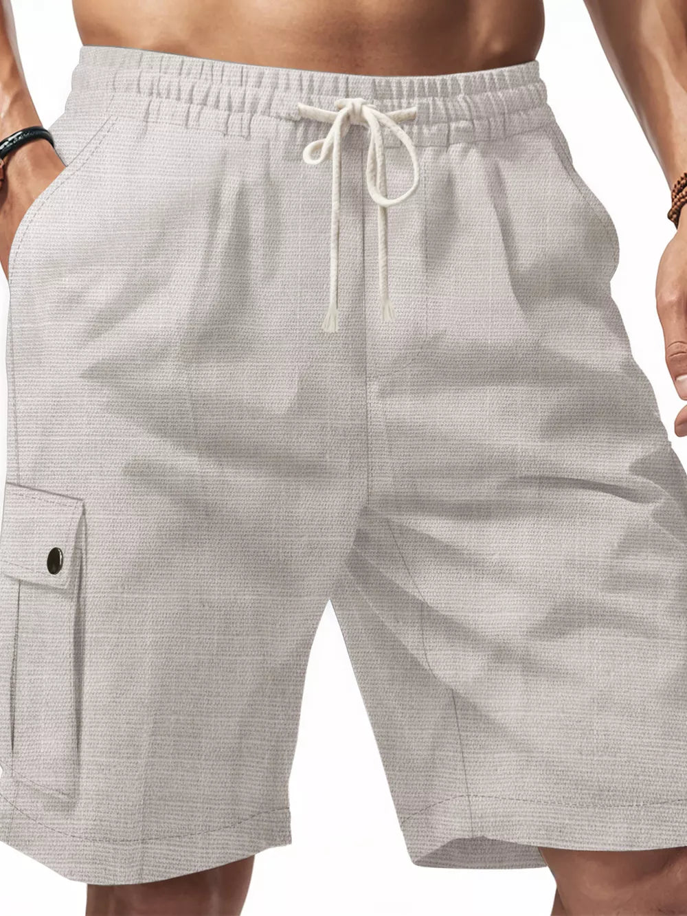 Light Gray casual drawstring cargo shorts with a textured fabric and buttoned cargo pocket.
