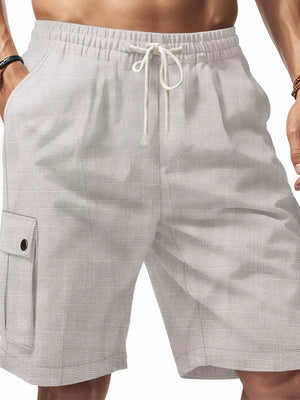 Light Gray casual drawstring cargo shorts with a textured fabric and buttoned cargo pocket.