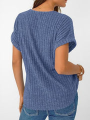 Blue ribbed V-neck t-shirt with short sleeves and a relaxed fit.