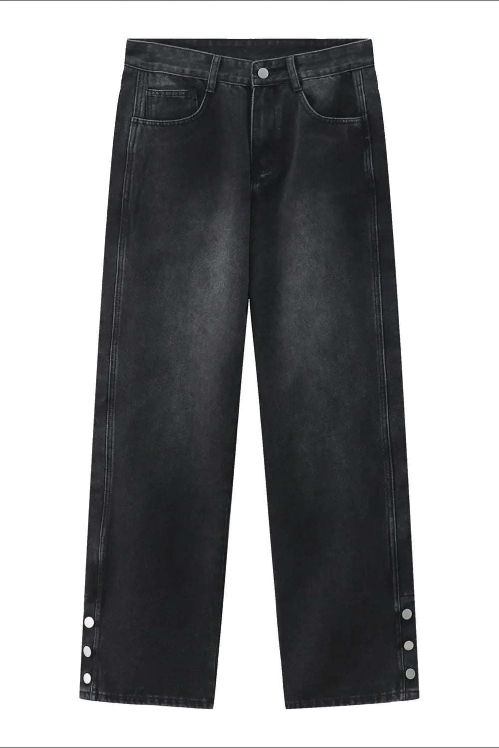 Dark wash baggy denim jeans with snap hem detail