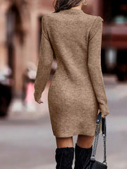 Taupe ribbed bodycon sweater dress with long sleeves and mock neck.