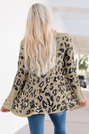 Tan leopard print open-front knit cardigan with long sleeves.