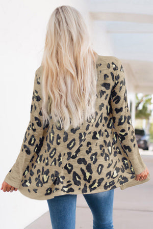 Tan leopard print open-front knit cardigan with long sleeves.
