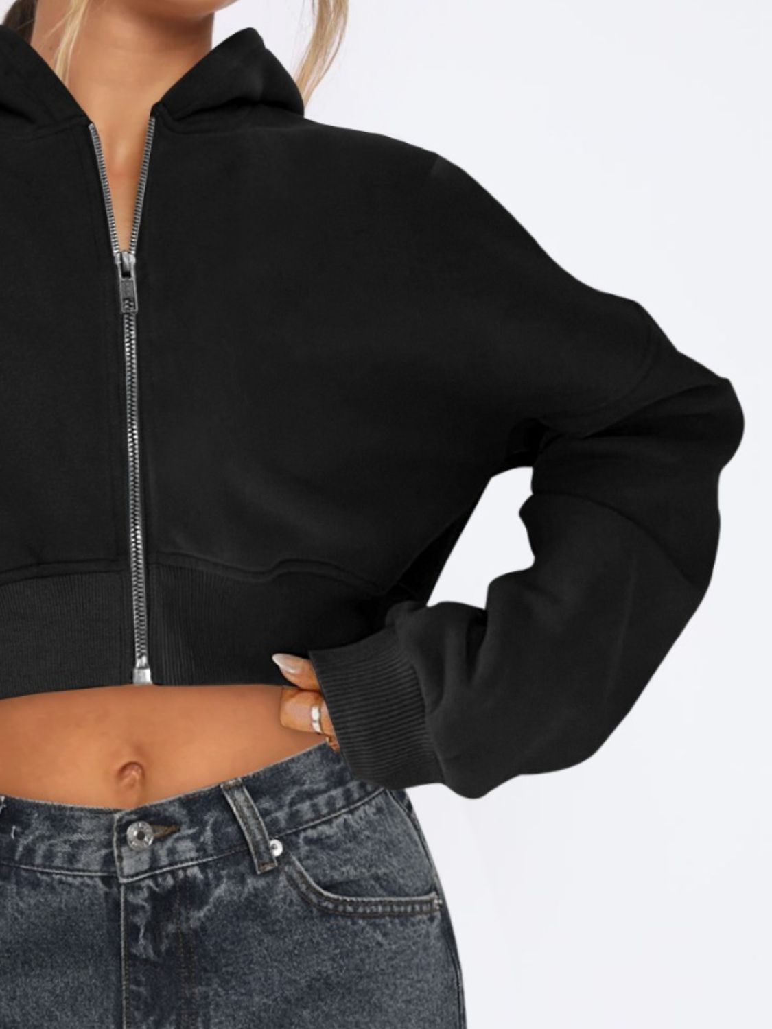 Black cropped zip-up hoodie with ribbed hem and cuffs
