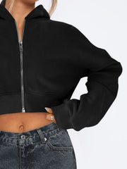 Black cropped zip-up hoodie with ribbed hem and cuffs