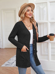 Black ribbed knit button-down cardigan with pockets and v-neck