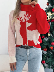 Festive reindeer graphic knit turtleneck sweater in red and cream acrylic.