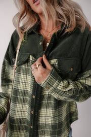 Corduroy yoke plaid overshirt in Black Forest with collared neckline and button front.