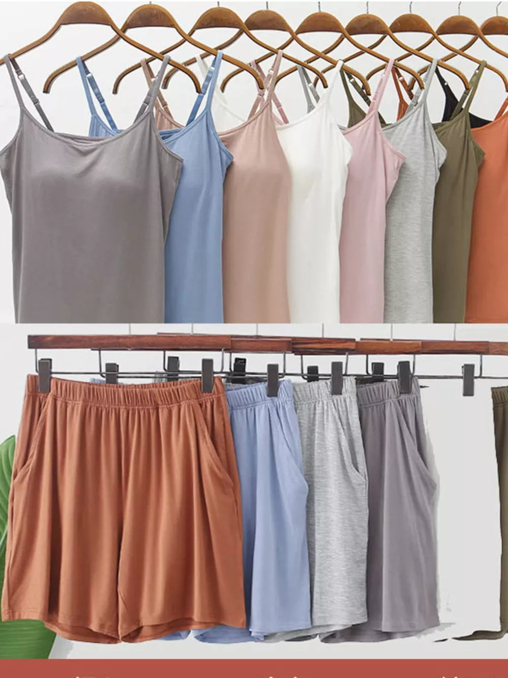 Pajama set with adjustable strap cami and elastic waist shorts in multiple colors.