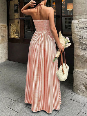 Striped halter neck maxi maternity swim dress in pumpkin with smocked bodice.