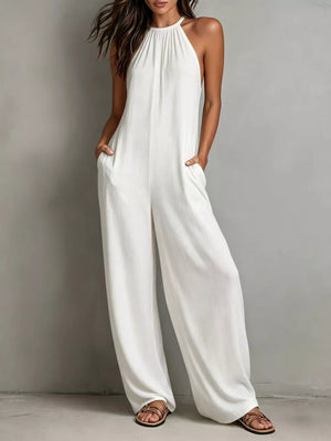 White halter neck wide leg romper with pockets