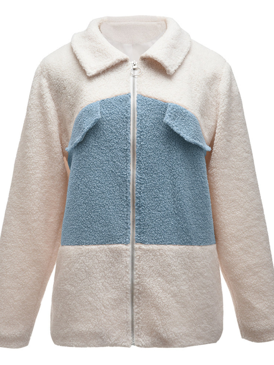 Colorblock shearling zip-up jacket in cream and light blue with two chest pockets.