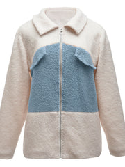 Colorblock shearling zip-up jacket in cream and light blue with two chest pockets.