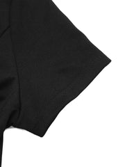 Black A-line mini dress with short sleeves and beaded collar detail