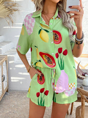 Lime green fruit and flower print button-up shirt and drawstring shorts set with checkered accents.