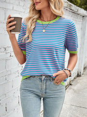 Striped knit tee with lime green trim and neckline.