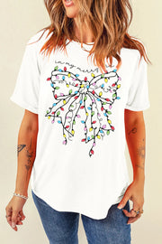White graphic tee with a bow made of colorful holiday lights and "in my merry" text.