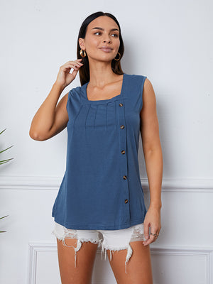 Dark blue sleeveless tank top with square neckline and button detail
