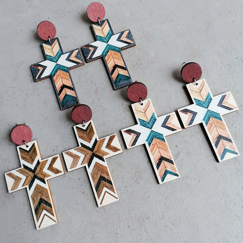 Geometric cross statement earrings with wood and tribal pattern, available in Style A, B, and C.
