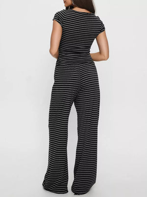 Striped cropped button-down and wide-leg pants set in dark gray and black.
