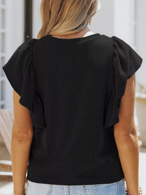 Black ribbed t-shirt with ruffled short sleeves and crew neck.