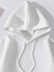 White casual hoodie with adjustable drawstring hood and front pocket detail.