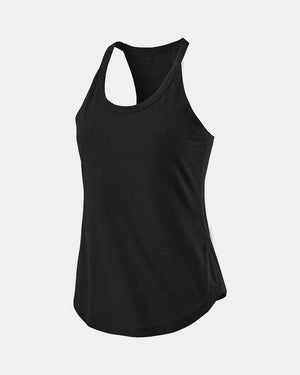 Black racerback performance tank top with curved hem